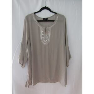 AGB Woman Women’s 2X Rayon Blouse Taupe Embroidered Tunic‎ Top Roll Tab Sleeve